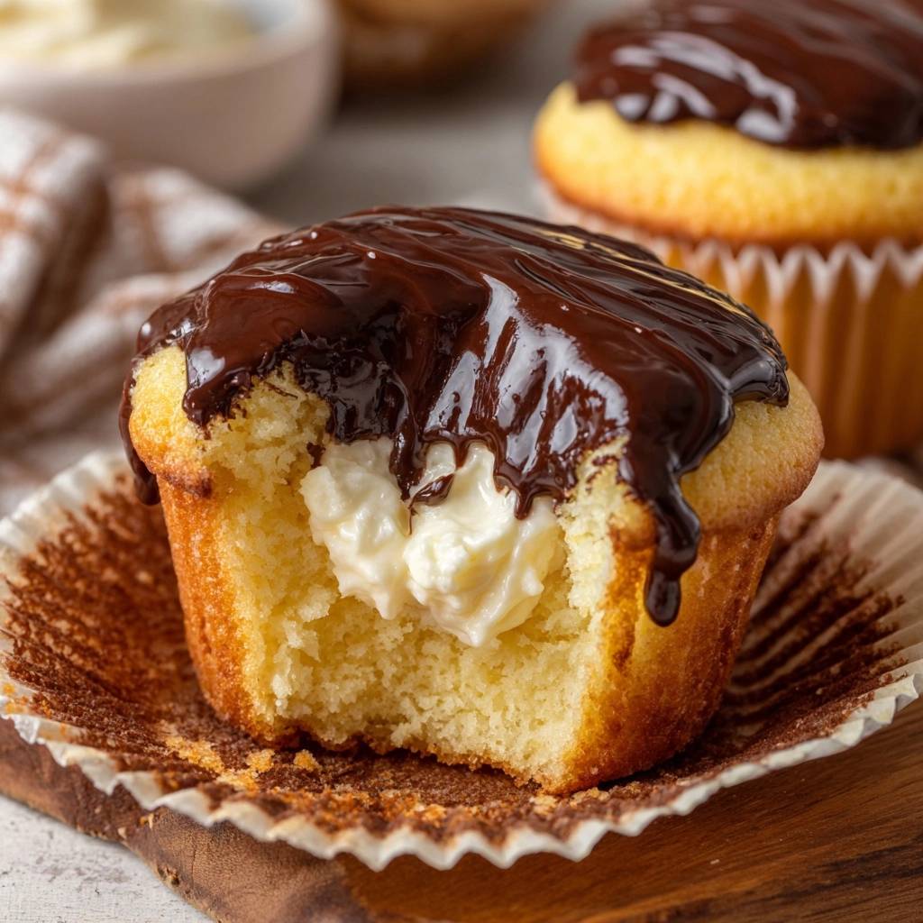 Cremig Gefuellte Vanille Schoko Cupcakes Querschnitt 1 Cremig gefüllte Vanille-Schoko-Cupcakes in Nahaufnahme mit einem Biss, der das cremige Innere und die Schokoladenglasur zeigt.