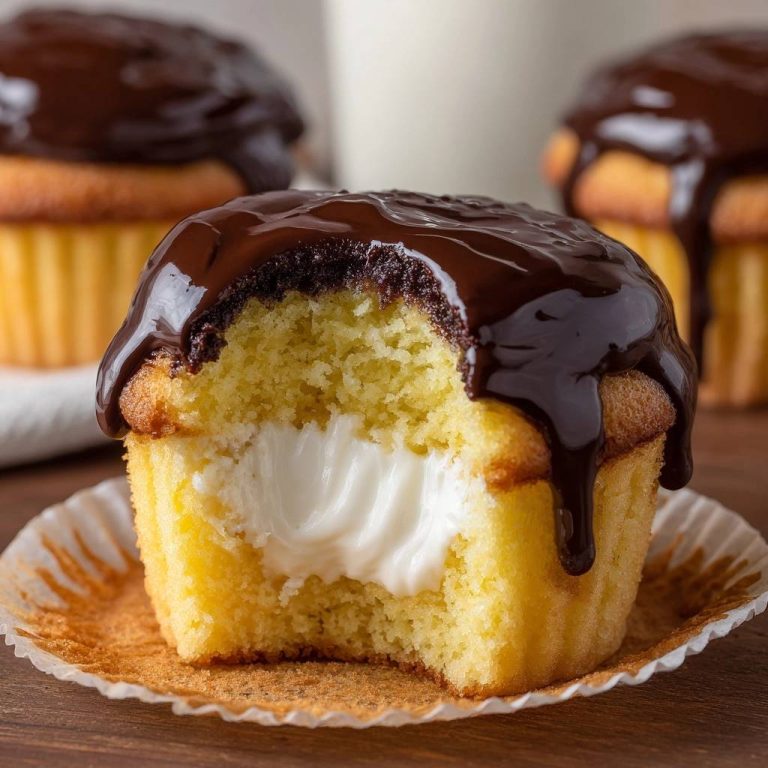 Cremig gefüllte Vanille-Schoko-Cupcakes in Nahaufnahme mit einem Biss, der die cremige Füllung und den Schokoladenüberzug zeigt.