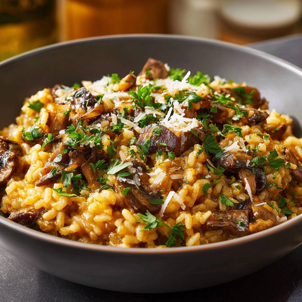 Cremiges Pilzrisotto in einer Schüssel serviert. Eine Nahaufnahme zeigt die cremige Konsistenz und die frische Petersilie.