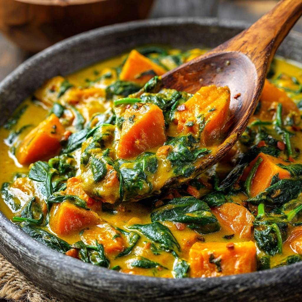 Cremiges Süßkartoffel-Spinat-Curry in Nahaufnahme, serviert in einer dunklen Schüssel, mit einem Holzlöffel, der das Gericht anhebt.