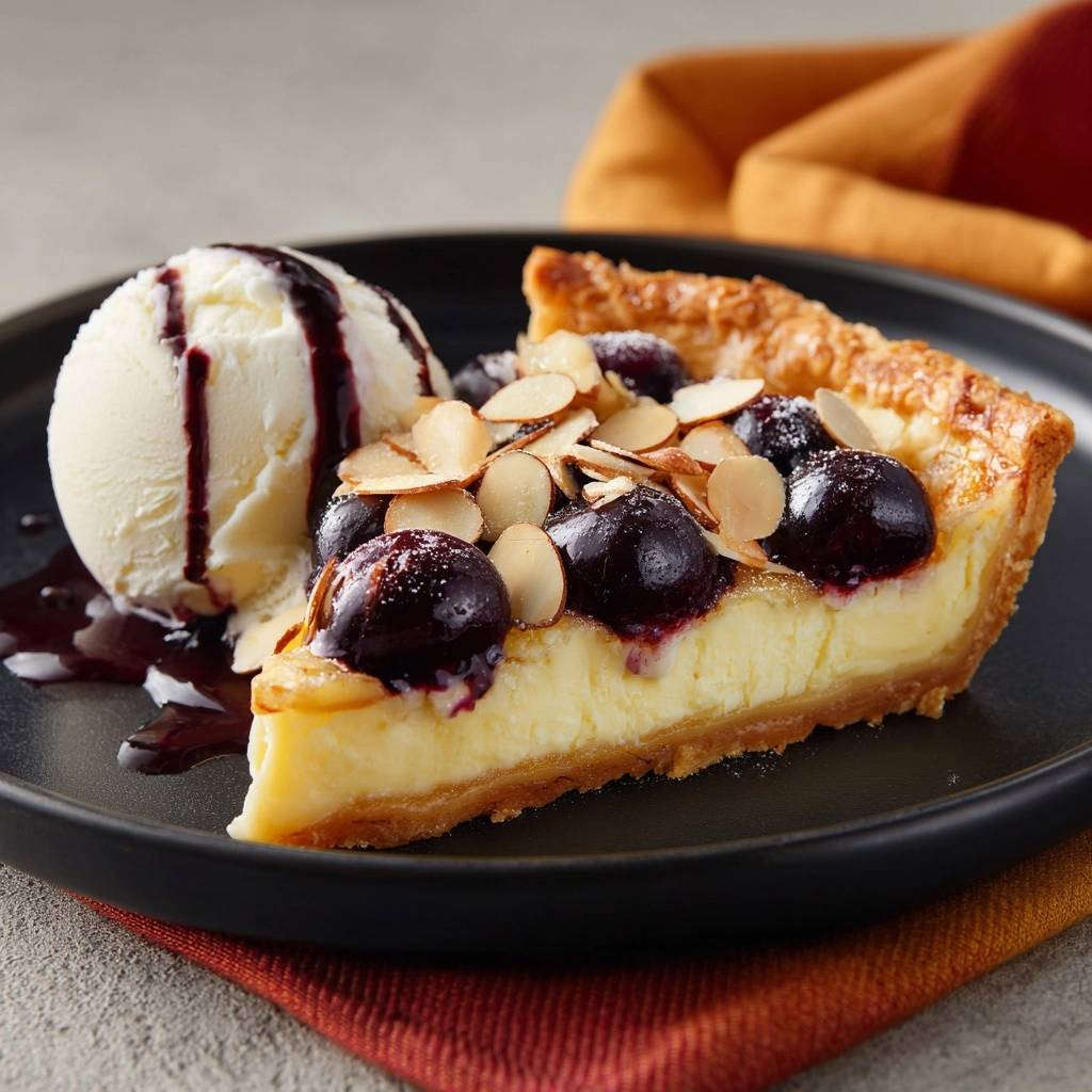 Cremige Blaubeer-Mandel-Tarte angeschnitten mit einer Kugel Eis und Blaubeersauce auf einem schwarzen Teller.