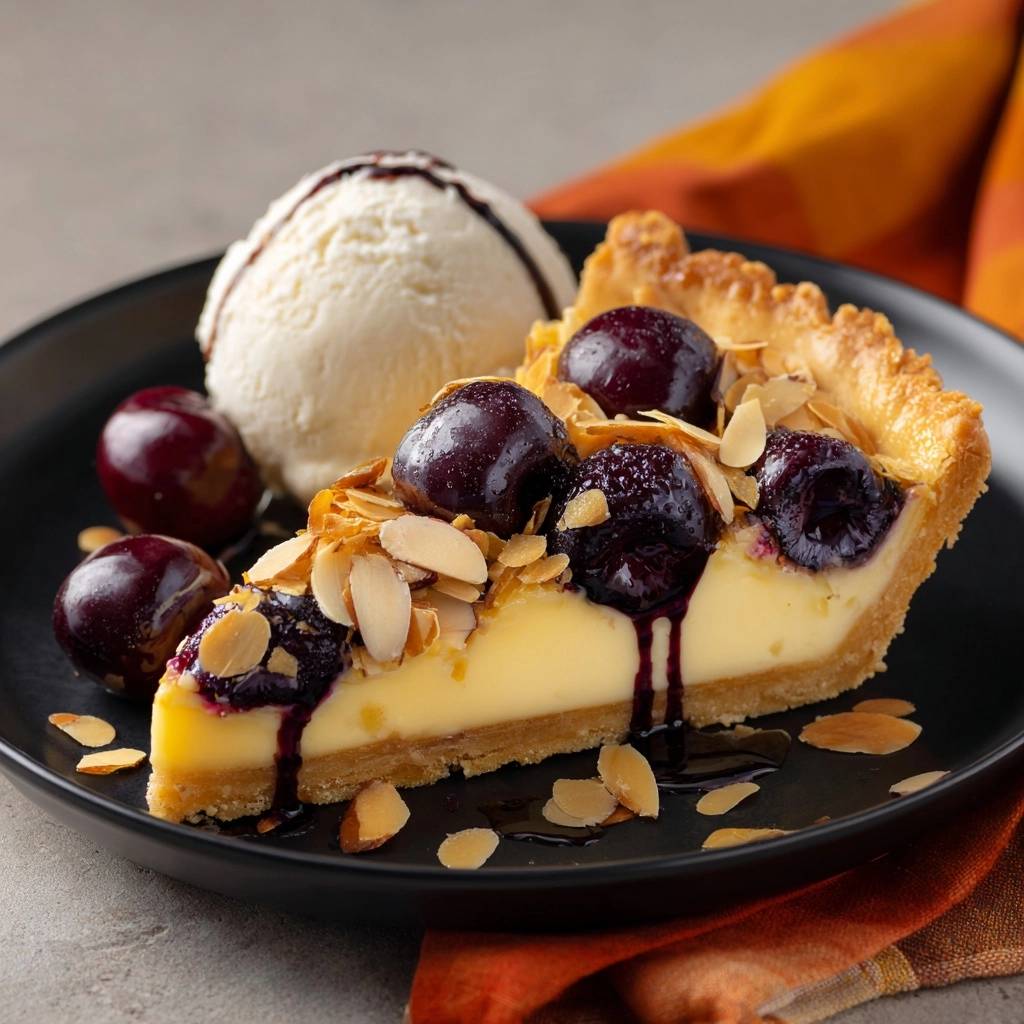 Cremige Blaubeer Mandel Tarte Querschnitt Serviert 1 Cremige Blaubeer-Mandel-Tarte, serviert auf einem Teller, zeigt einen verlockenden Querschnitt mit frischen Kirschen und Mandelsplittern.