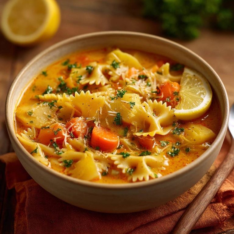 Cremige Karotten-Farfalle-Suppe serviert in einer Schüssel, garniert mit frischer Petersilie und einer Zitronenscheibe.