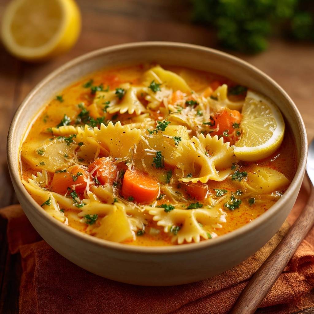 Cremige Karotten-Farfalle-Suppe serviert in einer Schüssel, garniert mit frischer Petersilie und einer Zitronenscheibe.