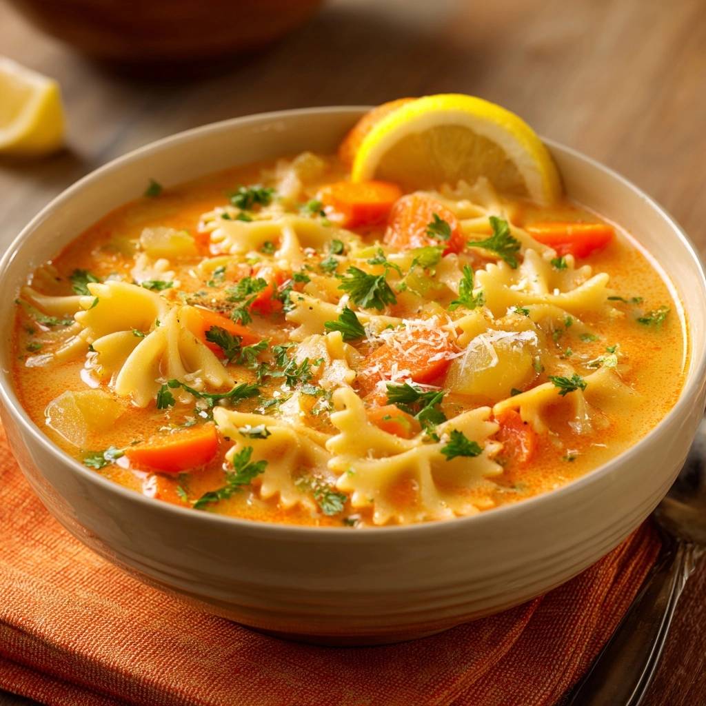 Cremige Karotten-Farfalle-Suppe serviert in einer Schüssel, garniert mit frischer Petersilie und einer Zitronenscheibe. Der Blick von oben zeigt die cremige Suppe.