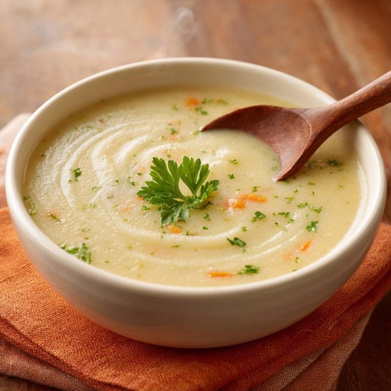 Cremige Karottensuppe in einer weißen Schüssel serviert, mit einem Holzlöffel und frischer Petersilie garniert. Der warme Eintopf ist ein Genuss.