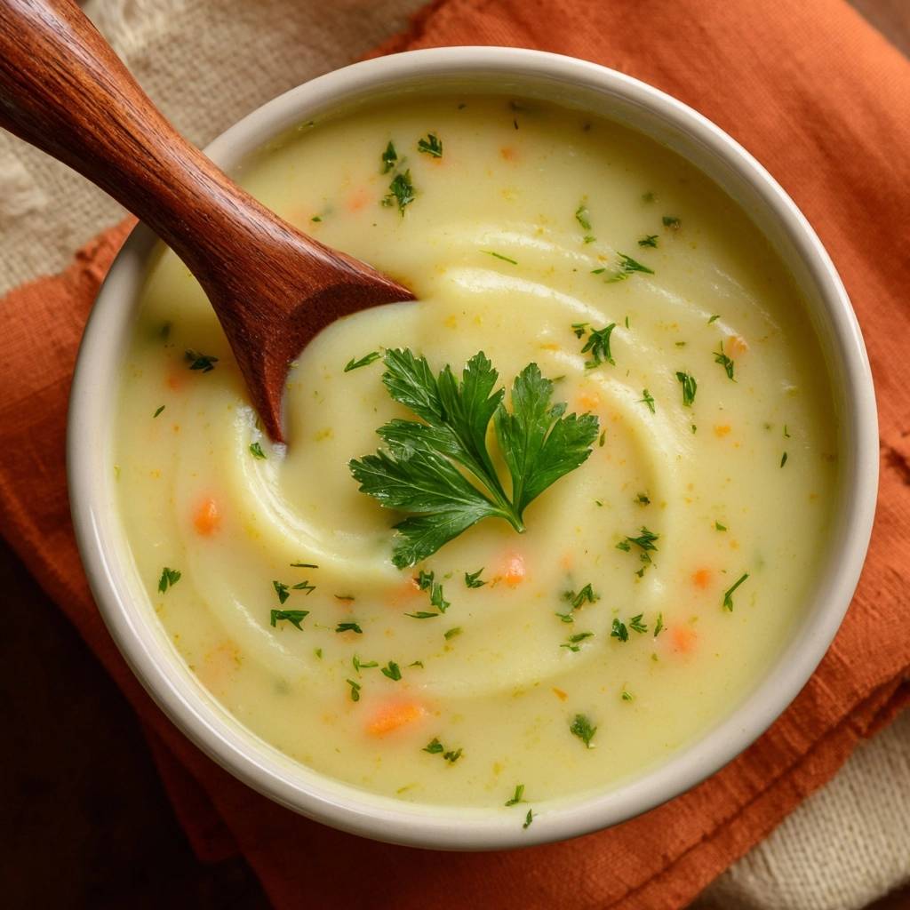 Cremige Karottensuppe in einer Schüssel, von oben betrachtet, mit einem Holzlöffel und frischer Petersilie garniert.