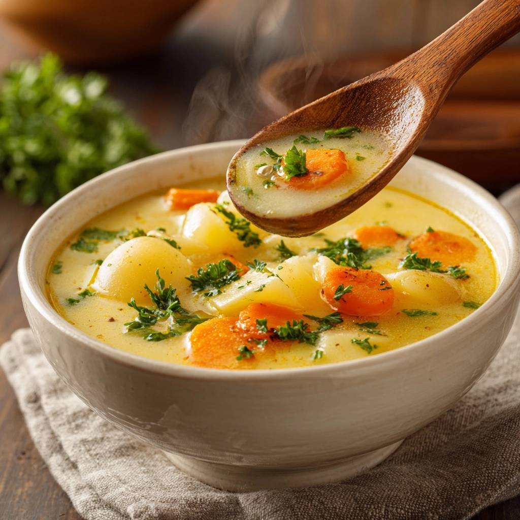 Cremige Kartoffel Karotten Suppe Lffel Nahaufnahme 1 Cremige Kartoffel-Karotten-Suppe in einer Schüssel, serviert mit frischer Petersilie, Nahaufnahme eines Löffels voller Suppe.