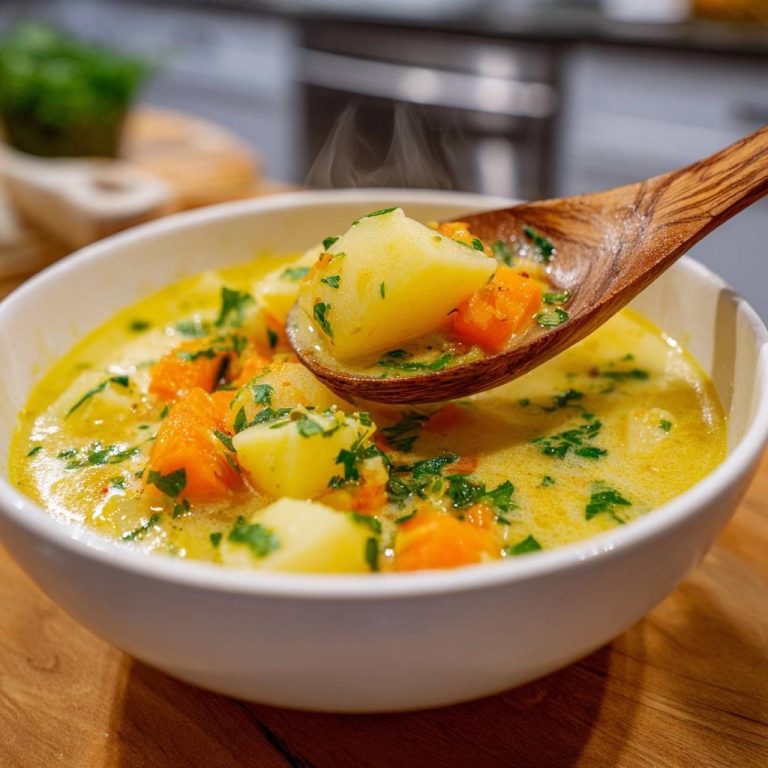 Cremige Kartoffel-Karotten-Suppe in Nahaufnahme: Ein Löffel voll dampfender Suppe mit Kartoffeln, Karotten und frischer Petersilie.