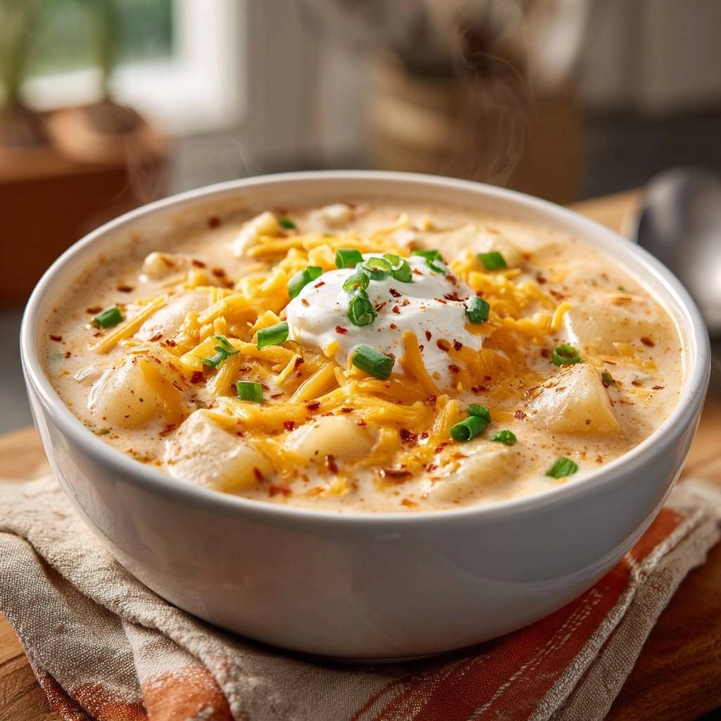 Cremige Kartoffelsuppe Mit Cheddar Garniert 1 Cremige Kartoffelsuppe mit Cheddar, garniert mit einem Klecks Sauerrahm und Schnittlauch, in einer weißen Schüssel serviert.