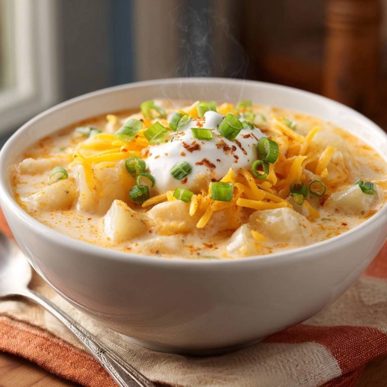 Cremige Kartoffelsuppe mit Cheddar, serviert in einer weißen Schüssel, garniert mit Sauerrahm, Käse und Schnittlauch. Ein herzhaftes Gericht zum Genießen.