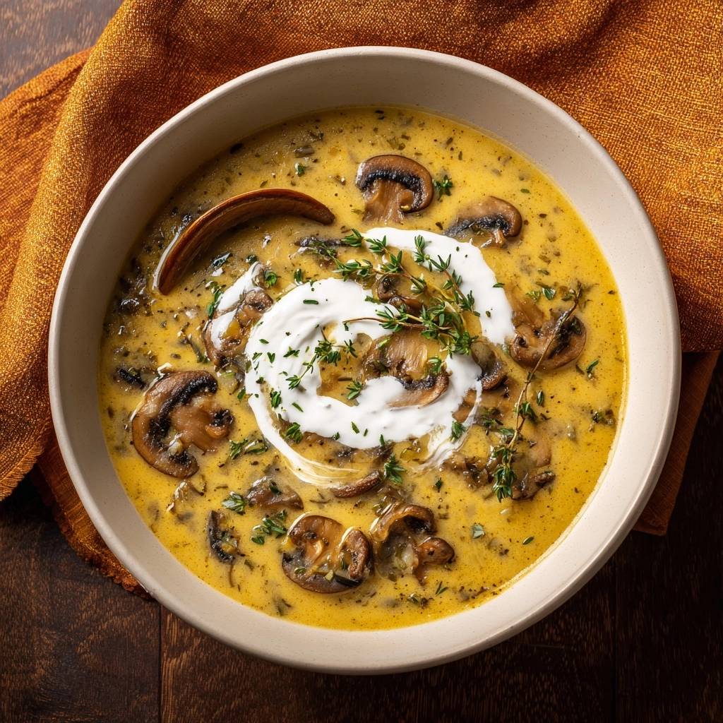 Cremige Kürbis-Pilz-Suppe, draufsicht von oben, mit einem Swirl aus cremiger Sahne und frischen Kräutern garniert.