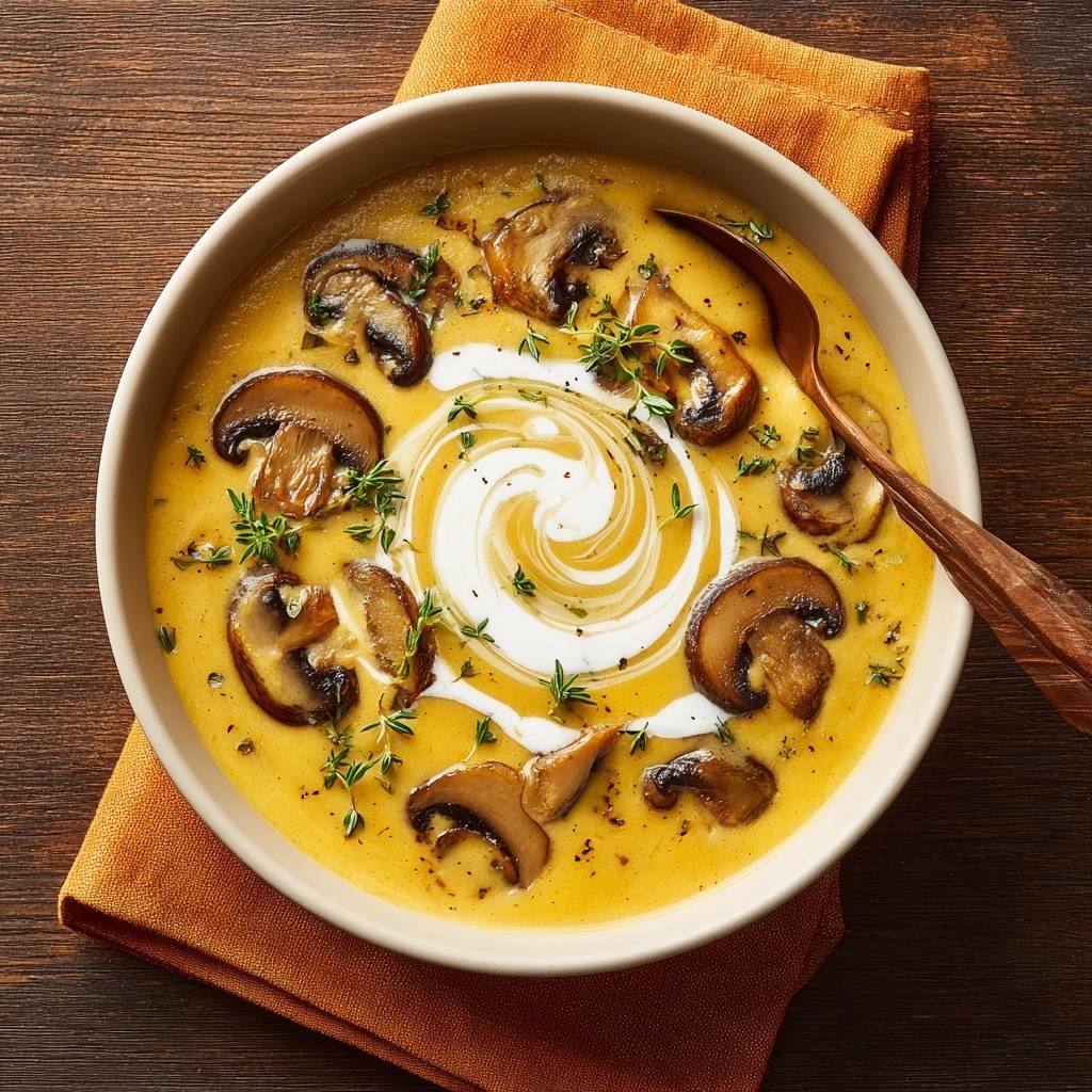 Cremige Kürbis-Pilz-Suppe, serviert in einer Schüssel, mit knusprig gebratenen Pilzen und einer Sahne-Spirale garniert, von oben fotografiert.
