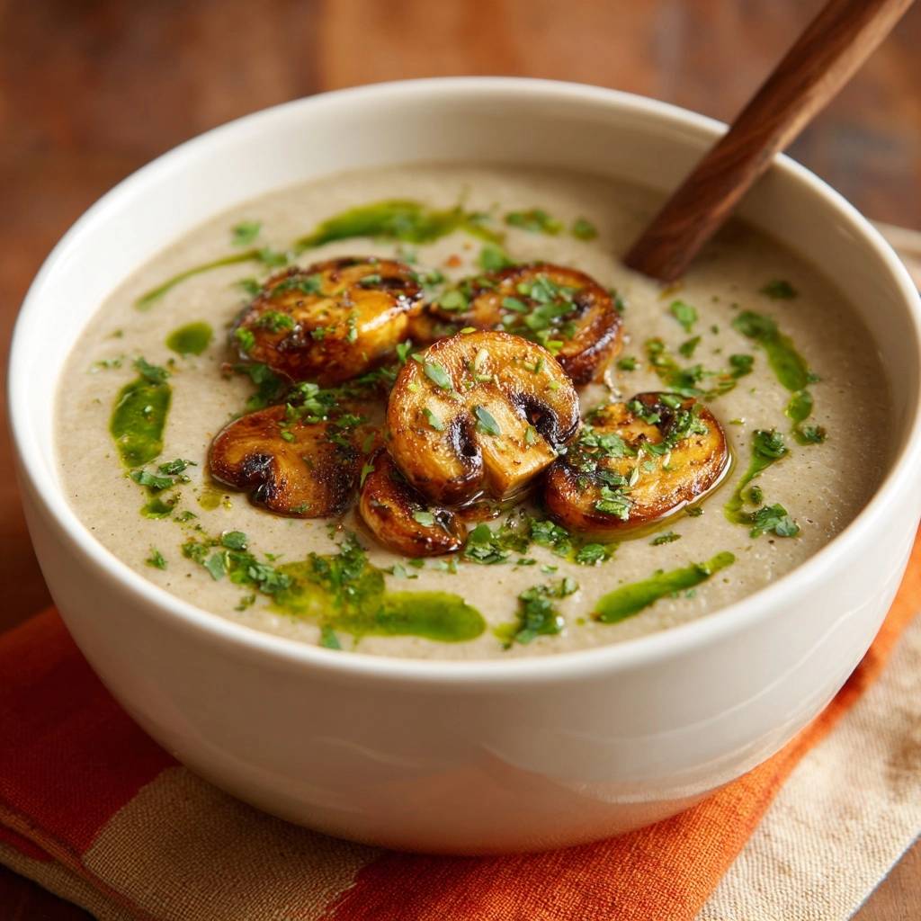 Cremige Kuerbissuppe Mit Knusprigen Chips Garniert 1 Cremige Kürbissuppe mit knusprigen Chips, garniert mit frischen Kräutern und gebratenen Pilzscheiben, präsentiert in einer weißen Schüssel.