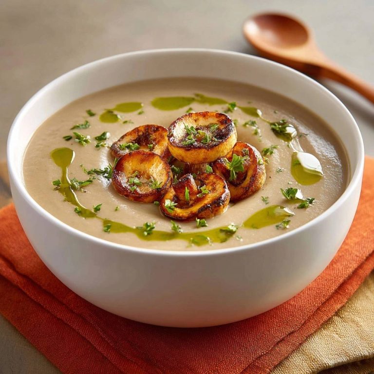Cremige Kürbissuppe mit knusprigen Chips serviert in einer weißen Schüssel, garniert mit frischer Petersilie und Olivenöl.