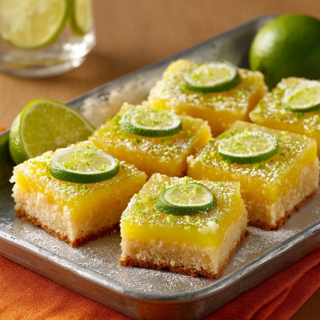 Cremige Limetten Schnitten Serviert 1 Cremige Limetten-Schnitten, serviert auf einem silbernen Tablett, mit Limettenscheiben garniert und mit Puderzucker bestäubt.