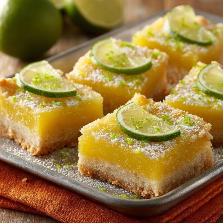 Cremige Limetten-Schnitten serviert auf einem Blech, garniert mit Limettenscheiben und Puderzucker. Die saftigen Schnitten sind bereit zum Servieren.
