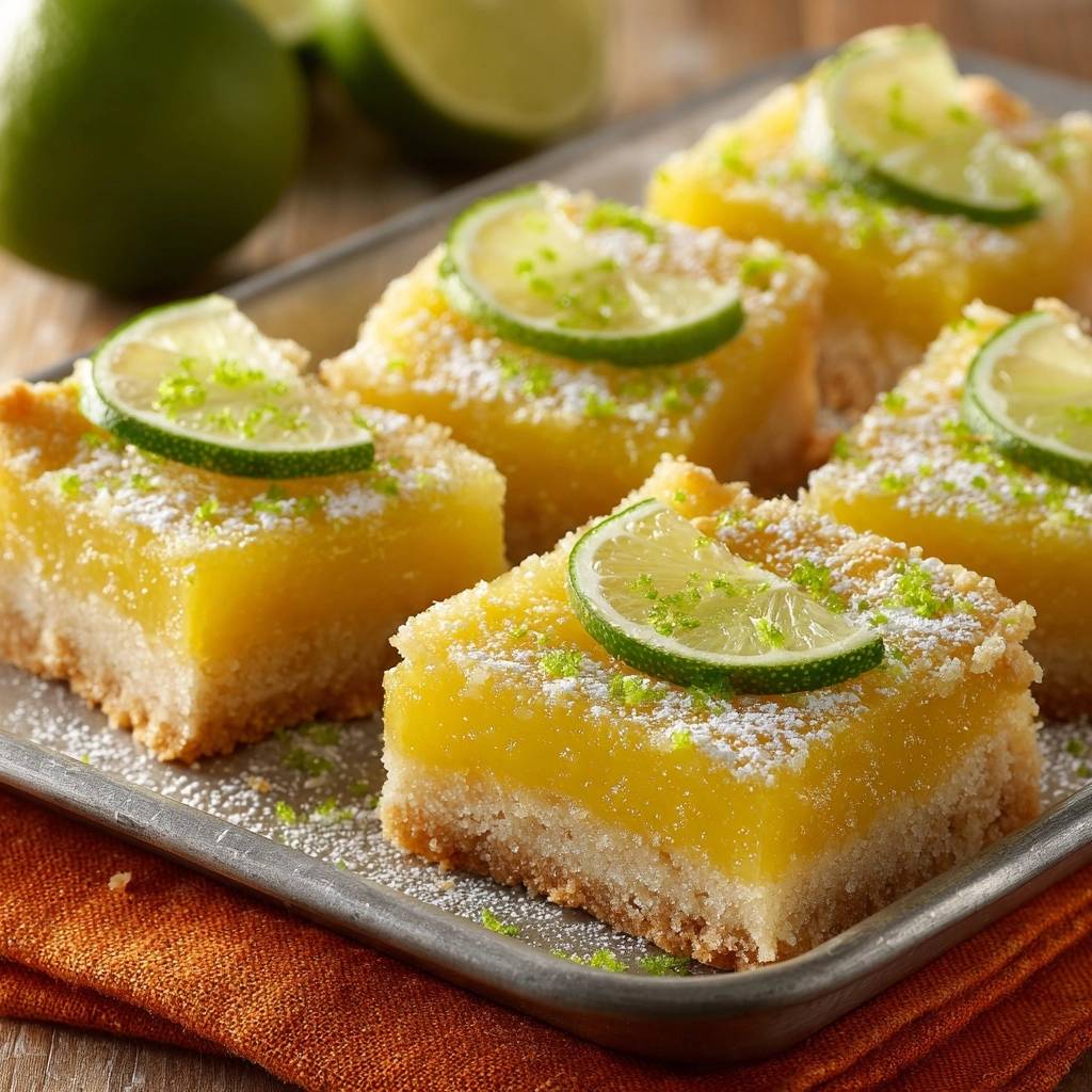 Cremige Limetten-Schnitten serviert auf einem Blech, garniert mit Limettenscheiben und Puderzucker. Die saftigen Schnitten sind bereit zum Servieren.