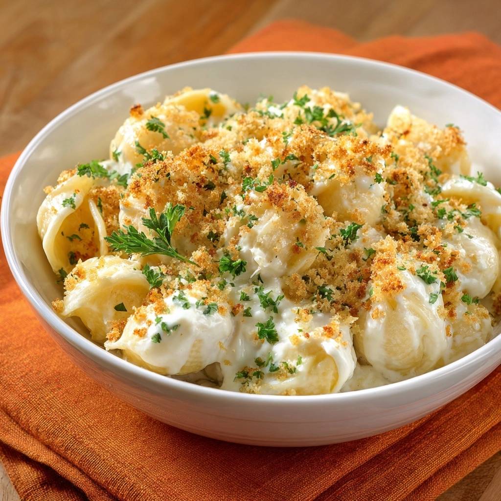 Cremige Rigatoni Knusprige Broesel Nahaufnahme 1 Cremige Rigatoni mit knusprigen Petersilienbröseln in Nahaufnahme, serviert in einer weißen Schüssel auf einem orangefarbenen Untersetzer. Das Gericht ist frisch zubereitet mit frischer Petersilie garniert.