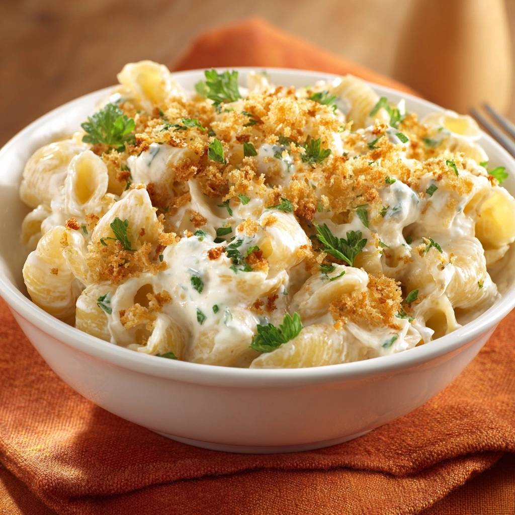 Cremige Rigatoni mit knusprigen Petersilienbröseln in Nahaufnahme, serviert in einer weißen Schüssel auf einem orangefarbenen Untersetzer. Die cremige Pasta ist mit knusprigen Bröseln garniert.