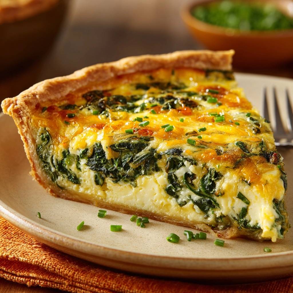 Cremige Spinat Kase Quiche Querschnitt Serviert 1 Cremige Spinat-Käse-Quiche: Ein Stück serviert, zeigt einen verlockenden Querschnitt mit cremiger Füllung und knusprigem Teigboden.