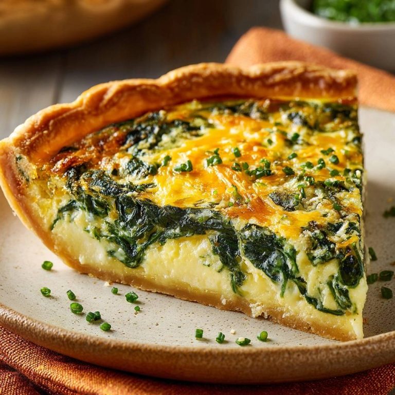 Cremige Spinat-Käse-Quiche in einem Anschnitt serviert, zeigt die cremige Füllung und den knusprigen Boden. Mit frischen Kräutern garniert.