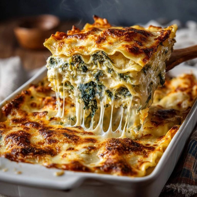 Cremige Spinat-Lasagne mit geschmolzenem Käse, der sich beim Herausnehmen der Portion zieht, und dampfendem Innenleben.