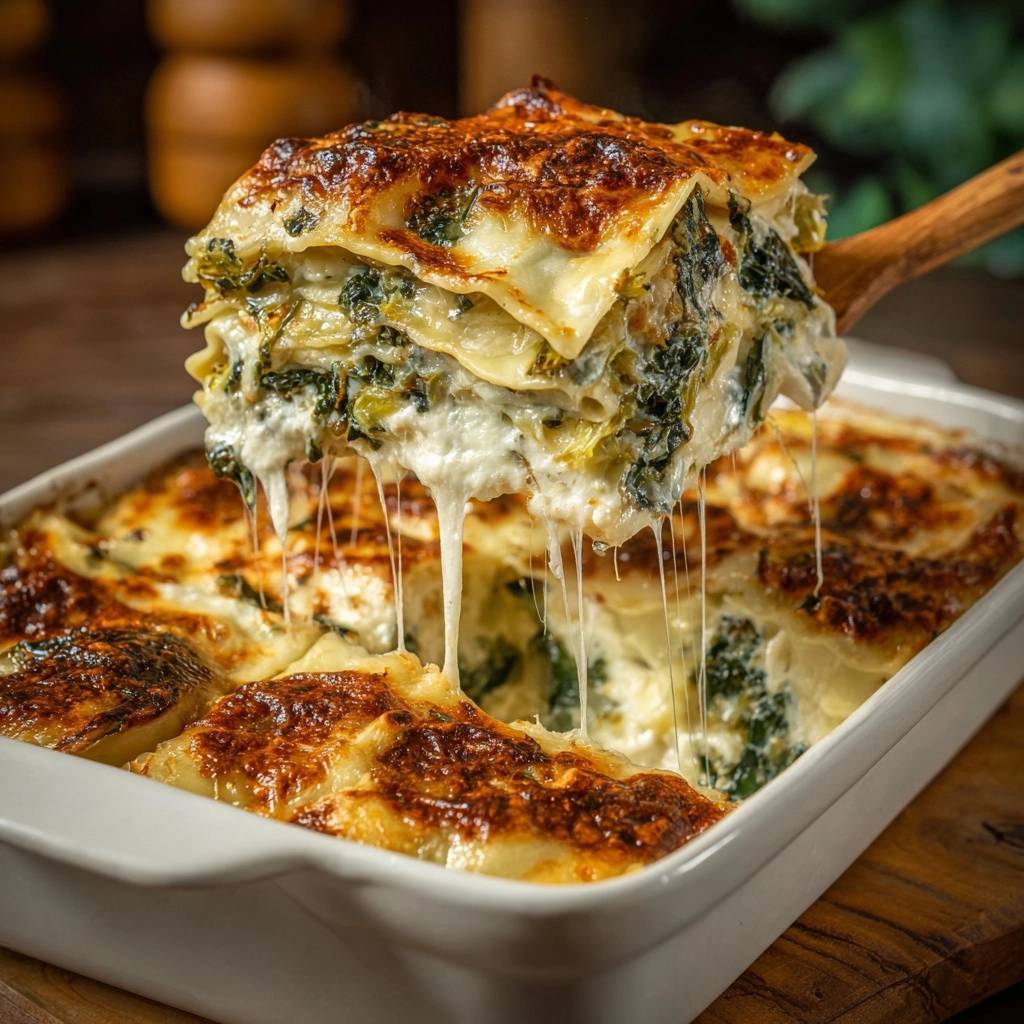 Cremige Spinat Lasagne Querschnitt Mit Kaese 1 Cremige Spinat-Lasagne: Ein Nahaufnahme-Querschnitt zeigt die geschichteten Nudeln, den cremigen Spinat und den geschmolzenen Käse.