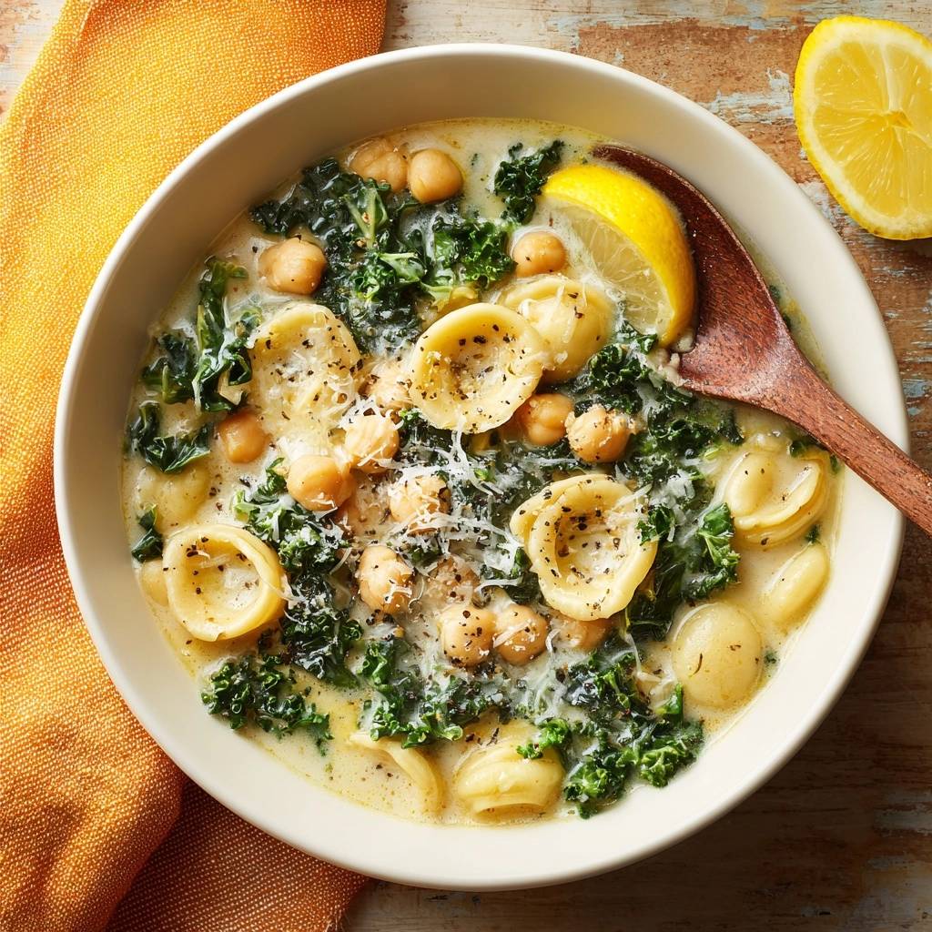 Cremige Tortellini-Grünkohl-Suppe in einer Schüssel serviert, mit frischem Grünkohl, Kichererbsen und einer Zitronenscheibe garniert.