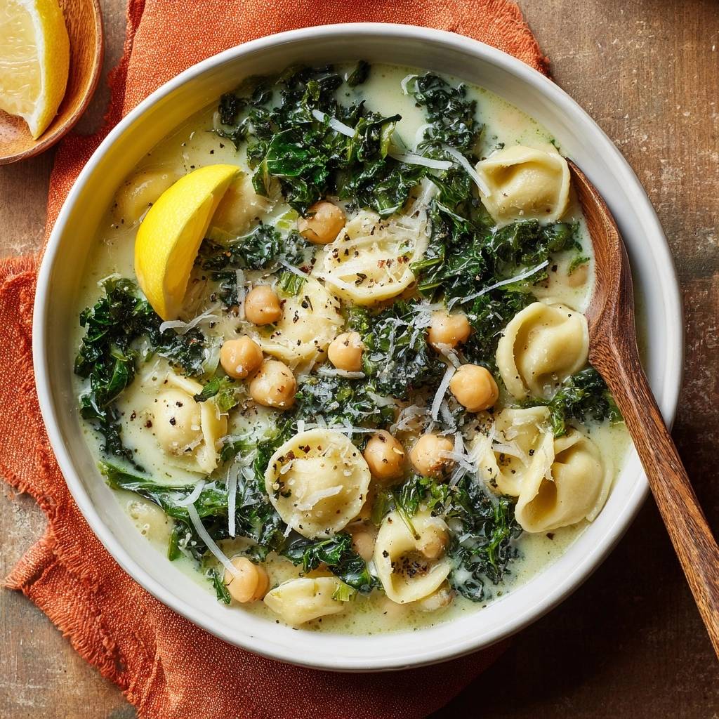 Cremige Tortellini-Grünkohl-Suppe in einer Schüssel serviert, mit frischem Zitronenstück und geriebenem Käse garniert.
