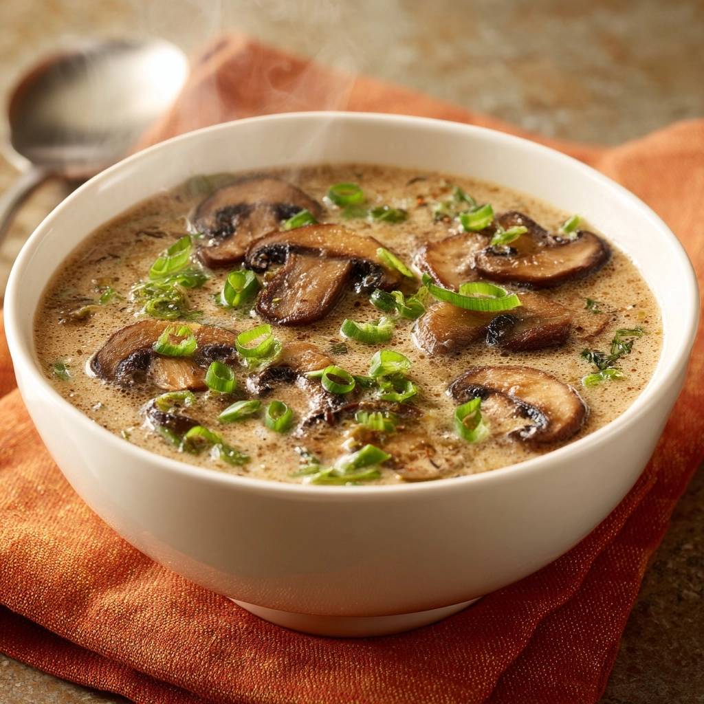 Cremige Waldpilzsuppe in einer weißen Schüssel serviert, garniert mit frischen Kräutern. Der dampfende Suppe Detailaufnahme zeigt die cremige Konsistenz und Pilzstücke.
