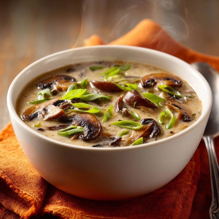 Cremige Waldpilzsuppe in einer weißen Schüssel, serviert mit frischen grünen Kräutern, die eine köstliche, cremige Textur zeigt.