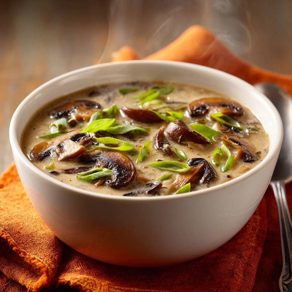 Cremige Waldpilzsuppe in einer weißen Schüssel, serviert mit frischen grünen Kräutern, die eine köstliche, cremige Textur zeigt.