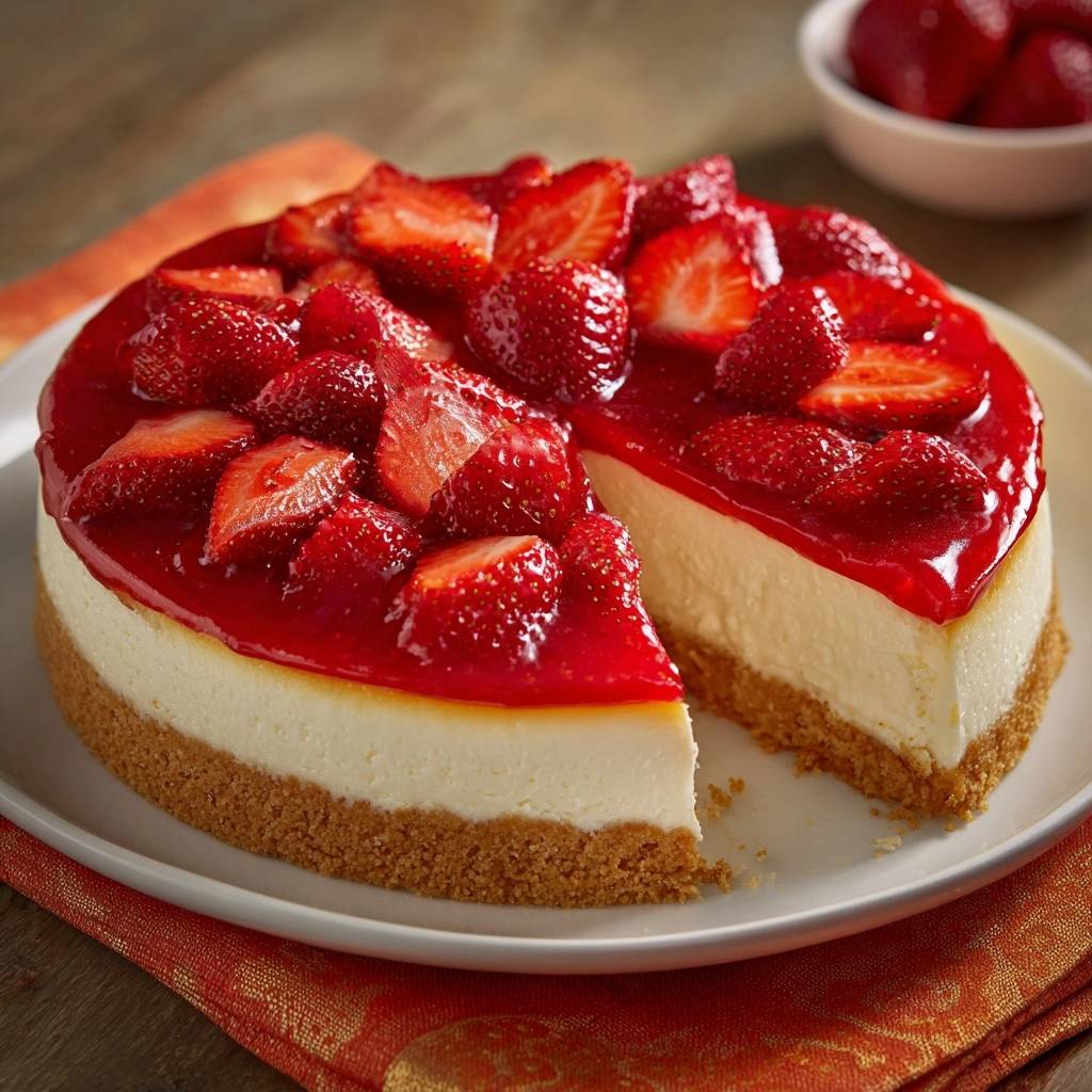 Cremiger Erdbeer-Käsekuchen mit Anschnitt, der die cremige Textur zeigt, dekoriert mit frischen Erdbeeren und Gelee.