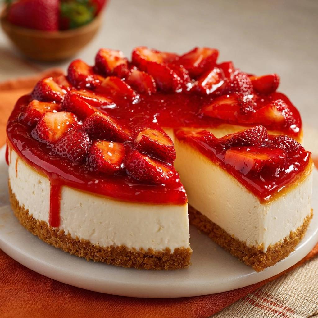 Cremiger Erdbeer Kasekuchen Querschnitt Nahaufnahme 1 Cremiger Erdbeer-Käsekuchen mit Anschnitt, der die cremige Textur zeigt, und frischen Erdbeeren, die auf dem Kuchen glänzen.