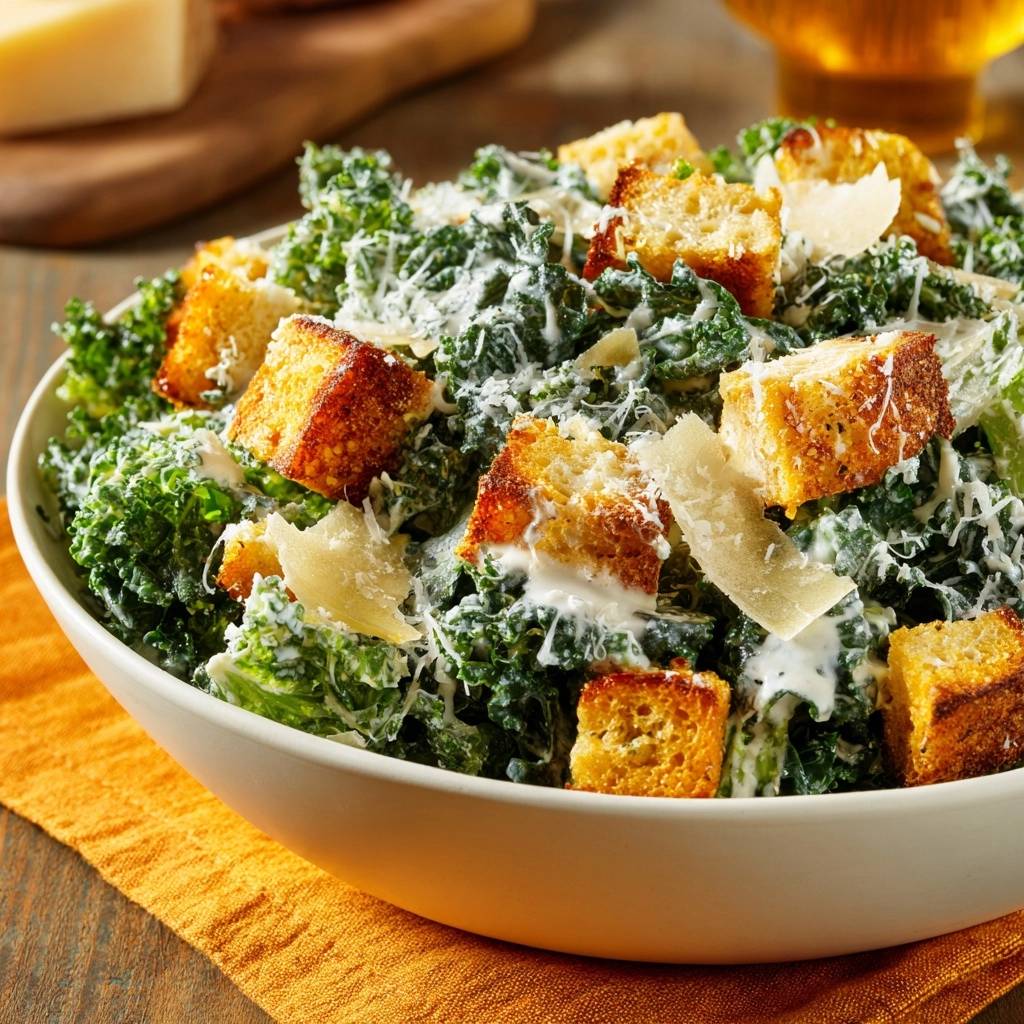 Cremiger Kale-Caesar-Salat in einer Nahaufnahme, mit knusprigen Croutons und frisch geriebenem Parmesan garniert. Ein köstlicher Salat.