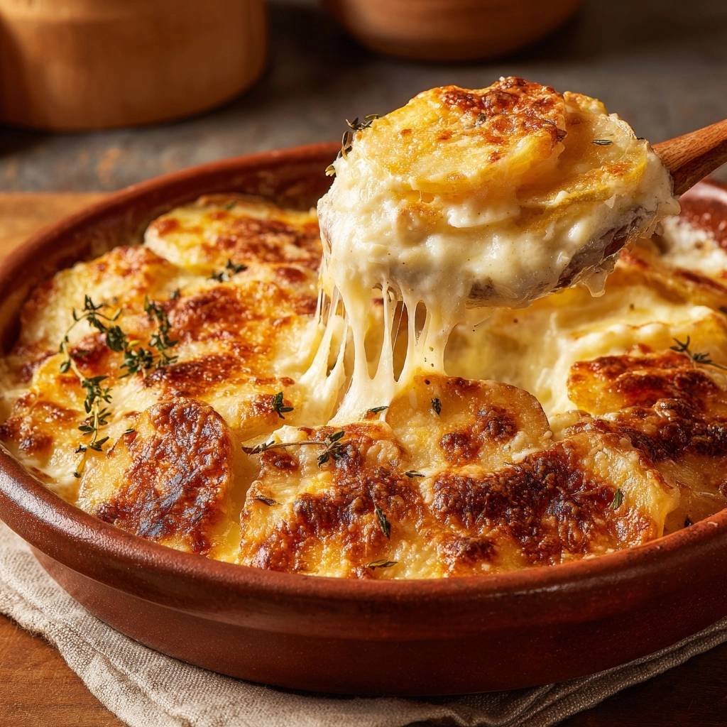 Cremiger Kartoffel-Käse-Gratin mit Käsefäden in Nahaufnahme: Ein Löffel hebt das köstliche Gericht aus der Auflaufform.