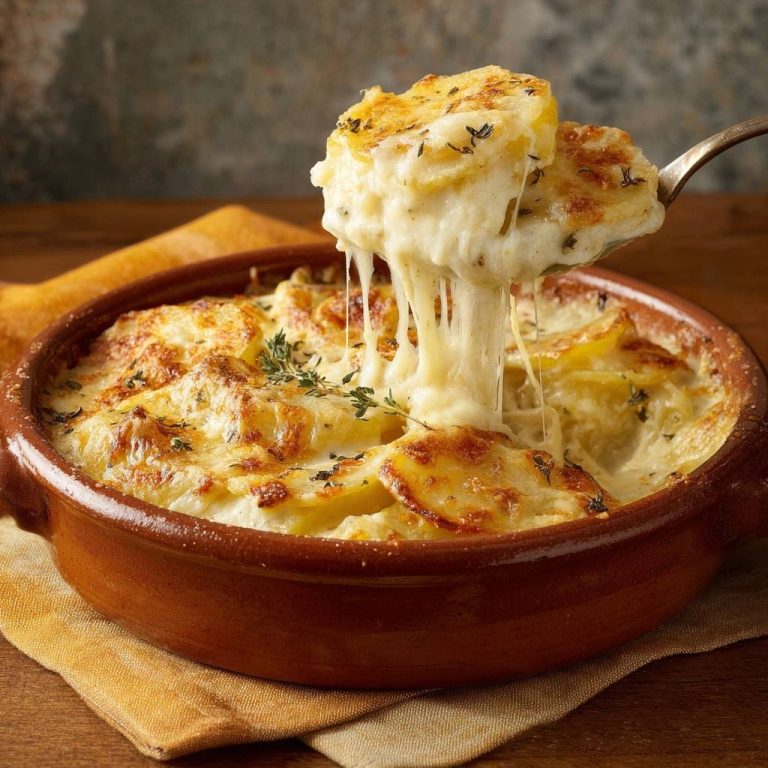 Cremiger Kartoffel-Käse-Gratin zeigt den geschmolzenen Käse, der sich beim Herausheben vom Löffel in Fäden zieht, detailreich.
