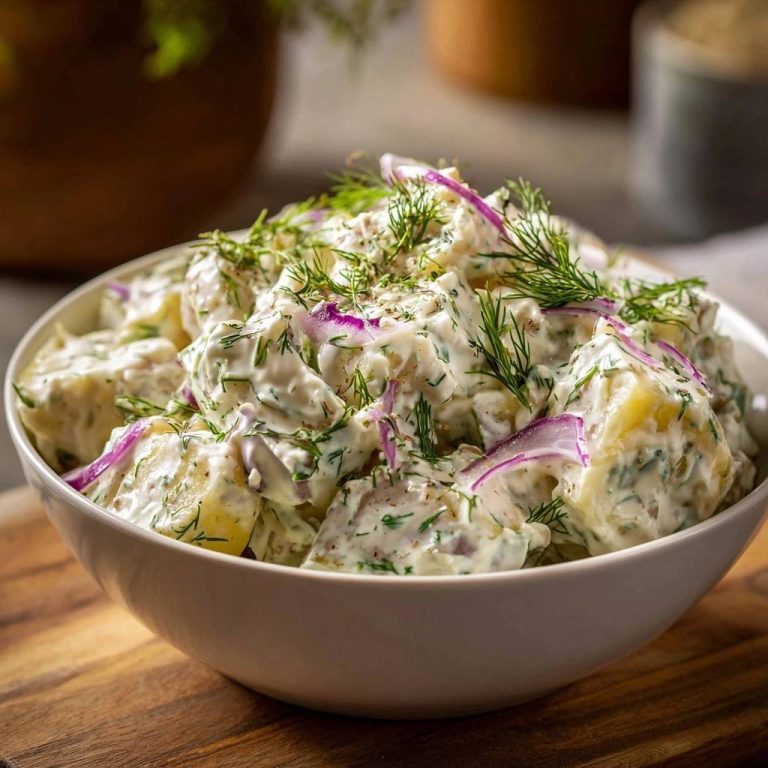 Cremiger Kartoffelsalat mit Dill, serviert in einer weißen Schüssel, garniert mit frischem Dill und roten Zwiebeln.