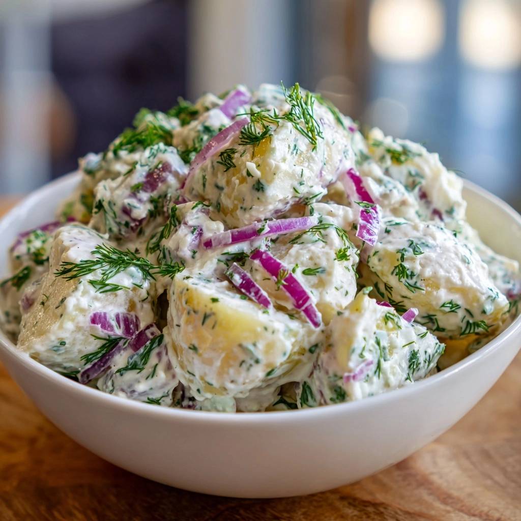 Cremiger Kartoffelsalat Mit Dill Nahaufnahme 1 Cremiger Kartoffelsalat mit Dill in einer Nahaufnahme, serviert in einer weißen Schüssel auf einem Holzbrett. Der Salat ist mit frischem Dill und roten Zwiebeln garniert.