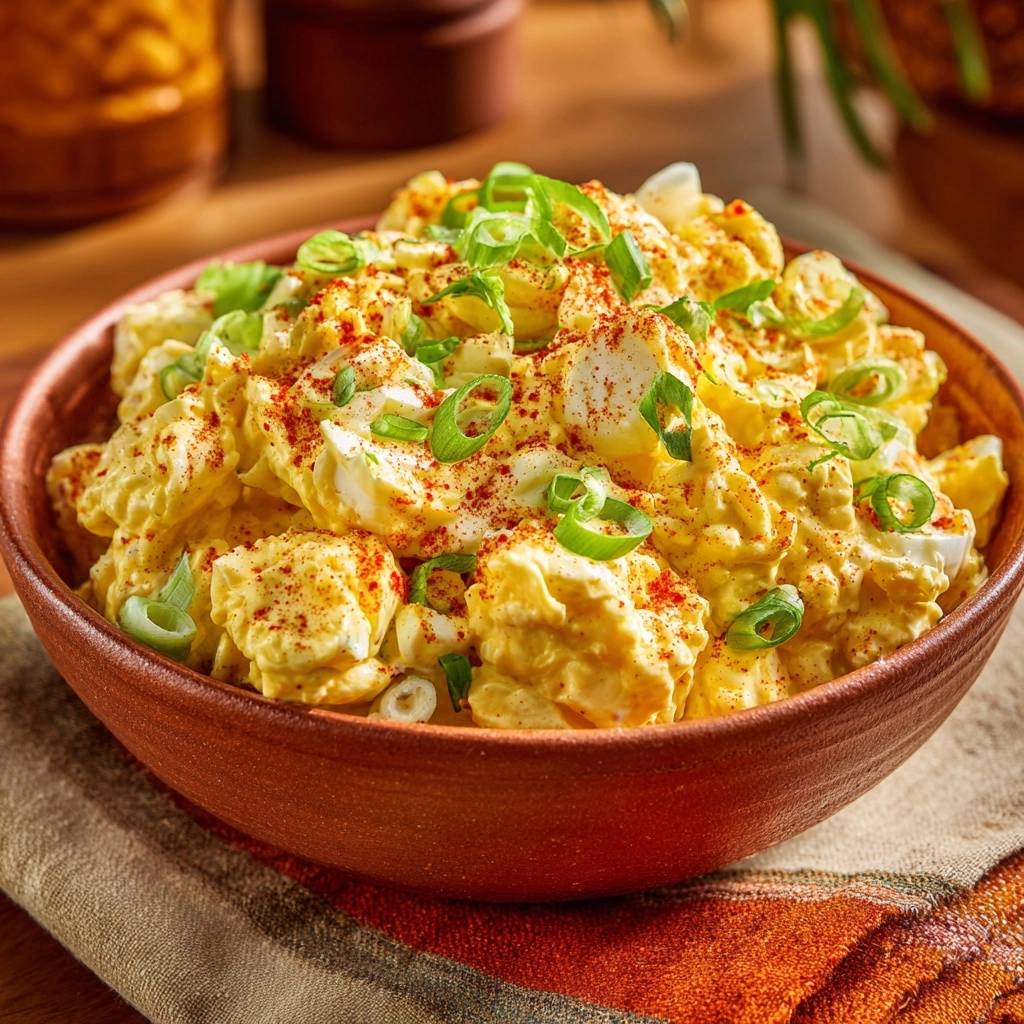 Cremiger Kartoffelsalat mit Ei und Frühlingszwiebeln in einer rustikalen Schüssel, garniert mit frischen Frühlingszwiebeln und Paprika.