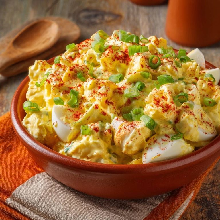 Cremiger Kartoffelsalat mit Ei und Frühlingszwiebeln, serviert in einer rustikalen Schüssel, mit frischen Frühlingszwiebeln und Paprika garniert.