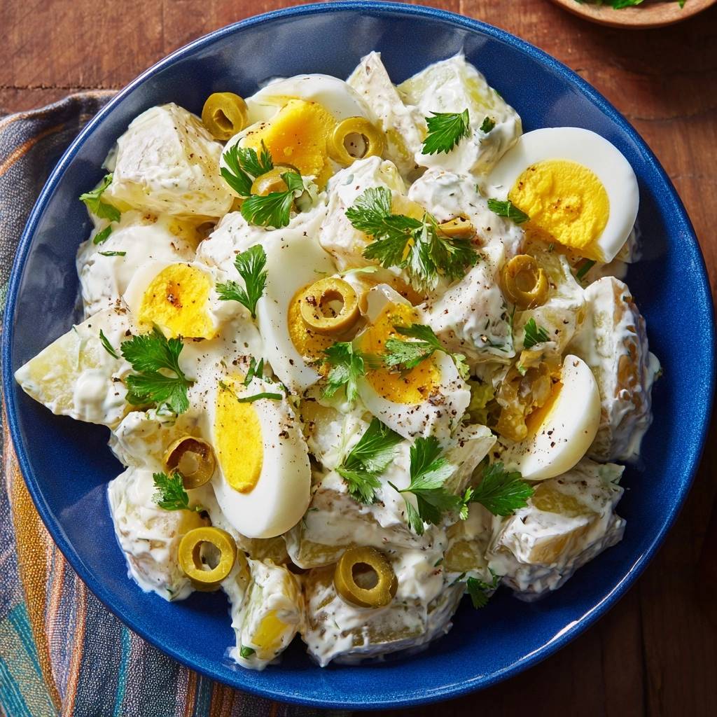 Cremiger Kartoffelsalat Mit Eiern Und Oliven Draufsicht 1 Cremiger Kartoffelsalat mit Eiern und Oliven, serviert in einer blauen Schüssel, garniert mit frischer Petersilie und Oliven.