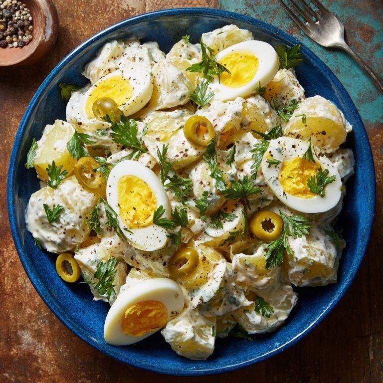 Cremiger Kartoffelsalat mit Eiern und Oliven, serviert in einer blauen Schüssel, garniert mit frischer Petersilie und Oliven.
