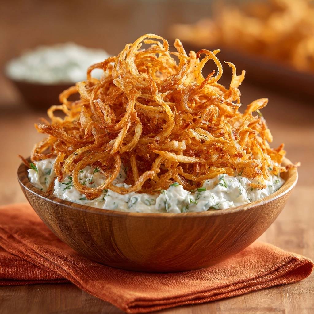 Cremiger Kräuter-Dip mit ultra-knusprigen Zwiebelstreifen in einer Holzschale, eine Nahaufnahme des köstlichen Dips mit knusprigen Zwiebeln.
