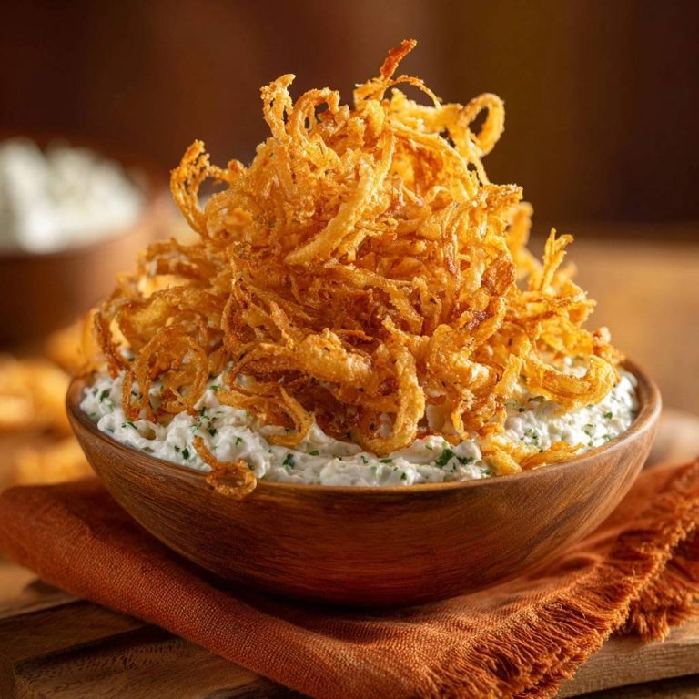 Cremiger Kräuter-Dip mit ultra-knusprigen Zwiebelstreifen in einer Nahaufnahme, serviert in einer rustikalen Holzschale auf einem orangefarbenen Tischtuch.