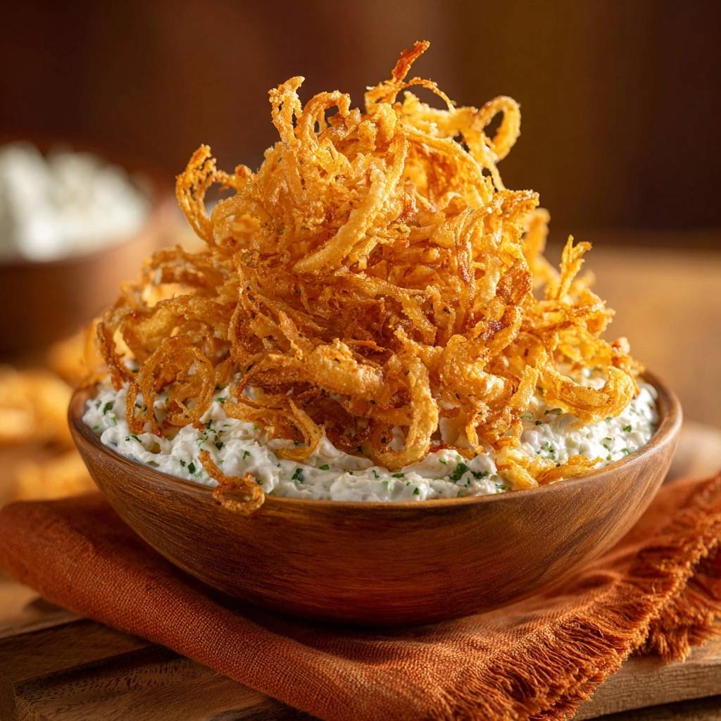 Cremiger Kräuter-Dip mit ultra-knusprigen Zwiebelstreifen in einer Nahaufnahme, serviert in einer rustikalen Holzschale auf einem orangefarbenen Tischtuch.