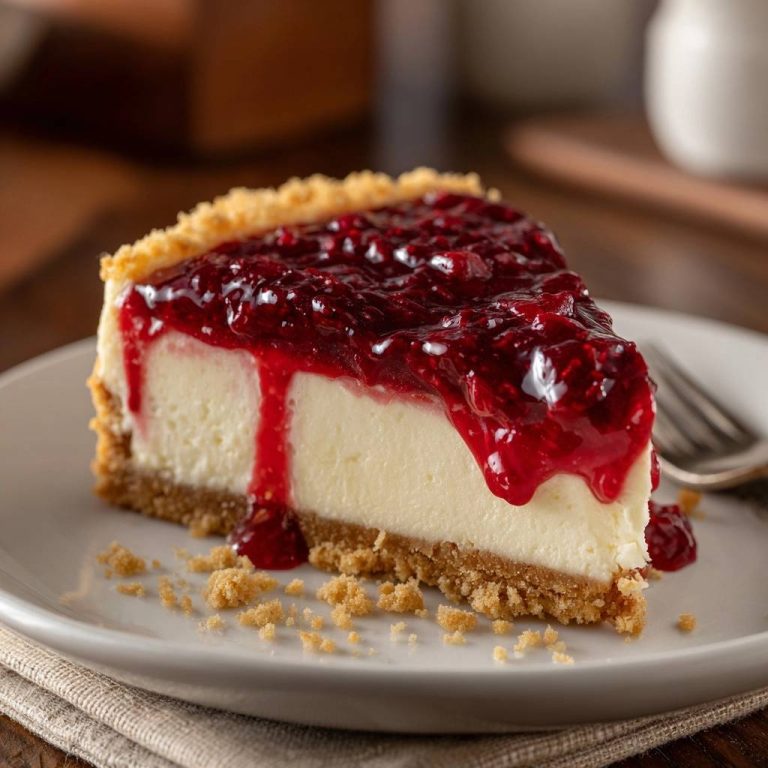 Cremiger New York Cheesecake mit einem rustikalen Himbeer-Topping, serviert als detailreicher Querschnitt auf einem Teller. Die cremige Füllung wird von einer fruchtigen Sauce bedeckt.