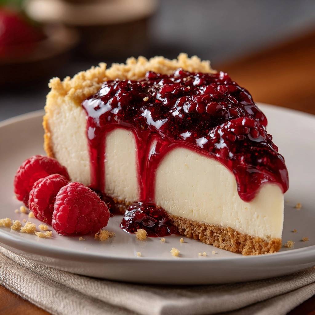 Cremiger New York Cheesecake mit rustikalem Himbeer-Topping: Ein köstlicher Querschnitt zeigt die cremige Textur und das fruchtige Topping.