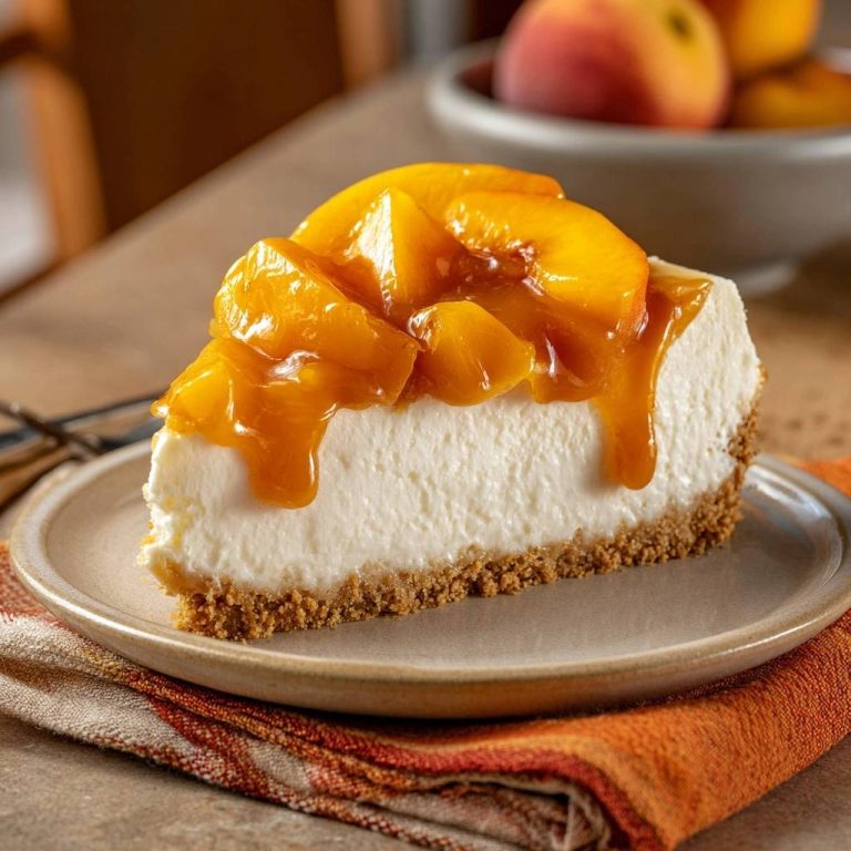 Cremiger Pfirsich-Cheesecake mit einem saftigen Querschnitt, serviert auf einem Teller mit knusprigem Keksboden und Pfirsich-Topping.